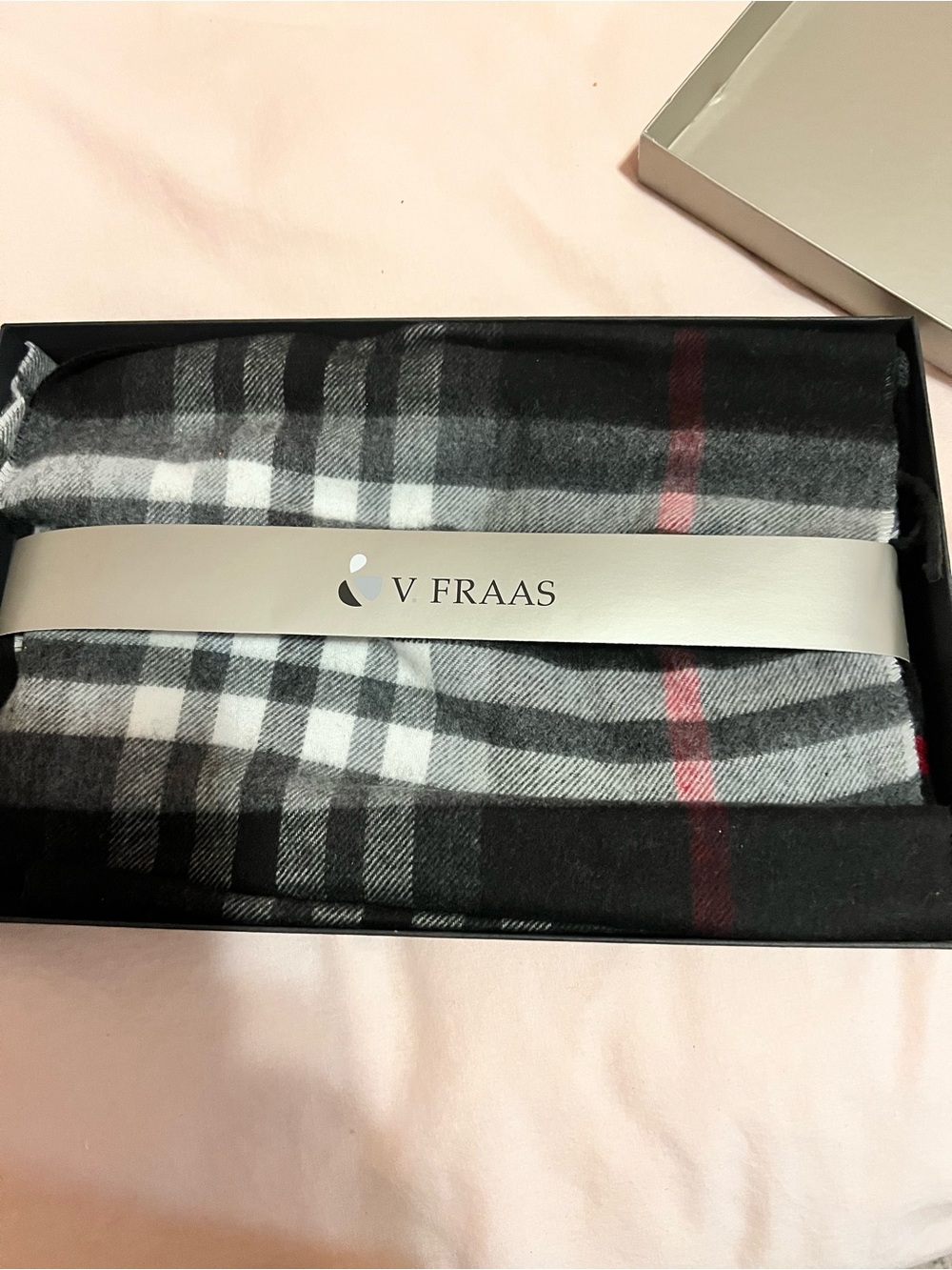 V. Fraas Black & Gray Plaid Scarf with Red Stripe